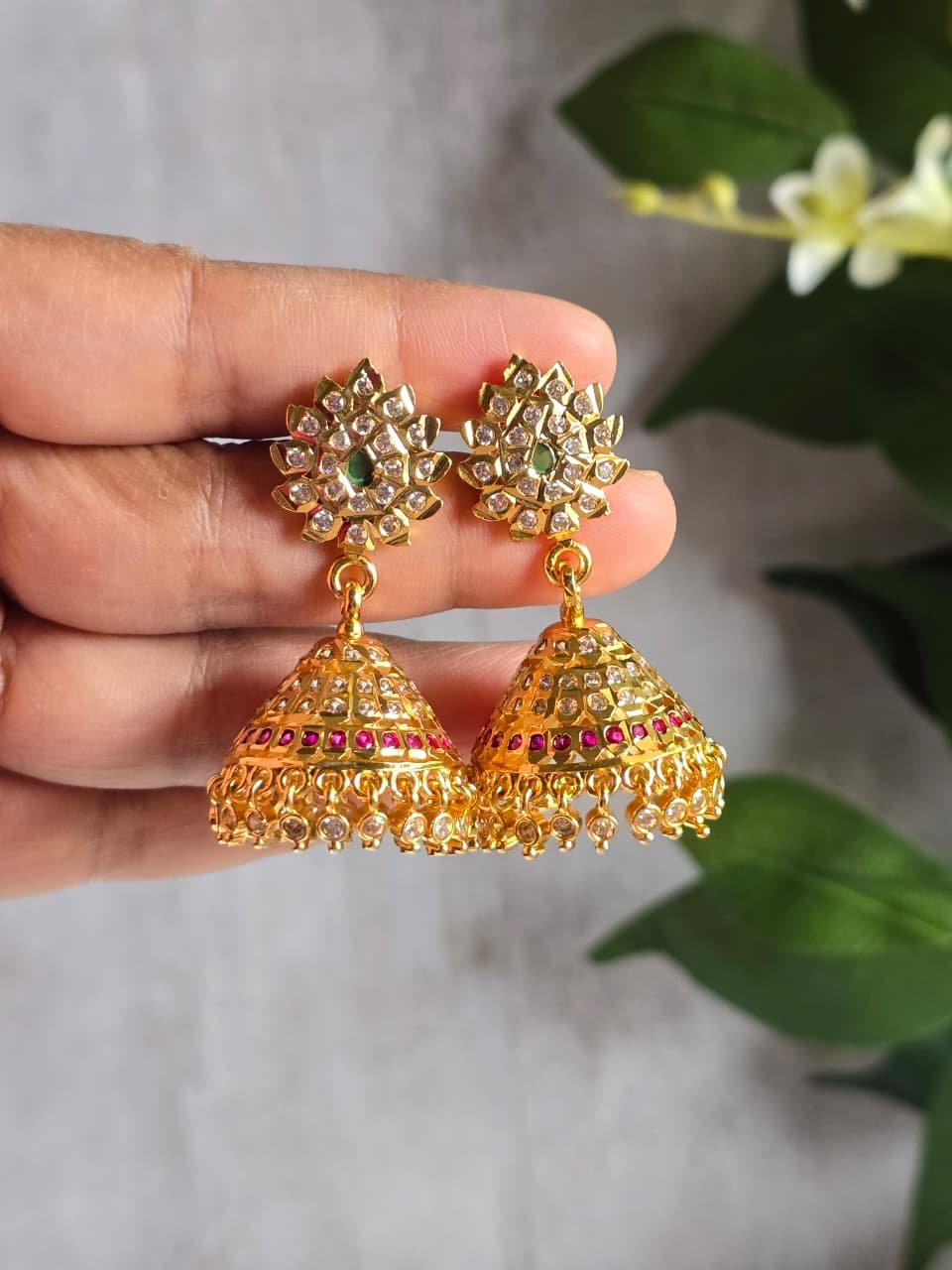Traditional Gold Finish CZ & Ruby Stone Jhumka Earrings | Indian Ethnic Wedding Jewelry (Copy) (Copy)