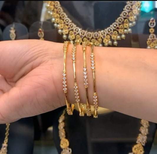 Gold Finish White Stone Bangles Set of 4 | Indian Stackable Bangles for Women | Festive & Wedding Jewelry