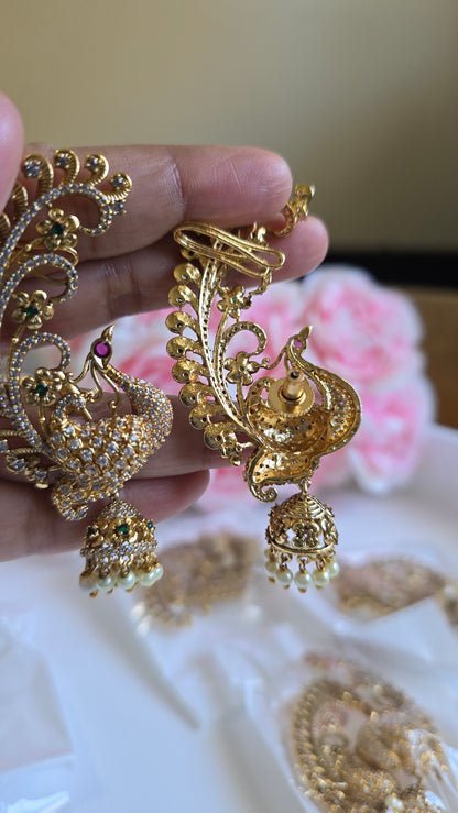 South Indian Peacock Jhumka Earrings | Traditional Temple Style Kemp Stone Jhumkas | Bridal & Festive Jewelry | Tamil Ethnic Earrings