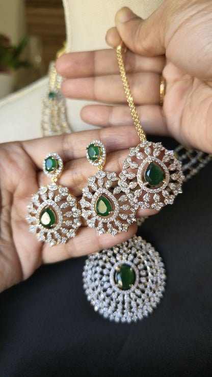INDIAN EMERALD Haram Jewelry Mid length Earrings & Maang tika Diamond look